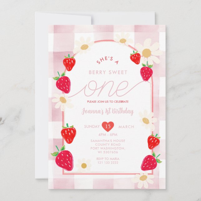 Invitación Cumpleaños de Fresa Rosa Polvorienta Dulce Uno Bay (Anverso)