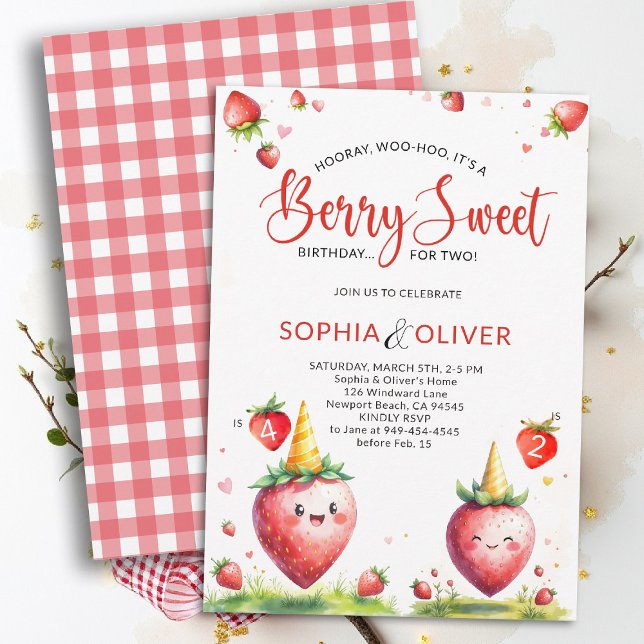 Invitación Cumpleaños de Fresas Dulces para 2 Hermanos (berry sweet birthday party invitation siblings sisters twins cute strawberries watercolor farmhouse )