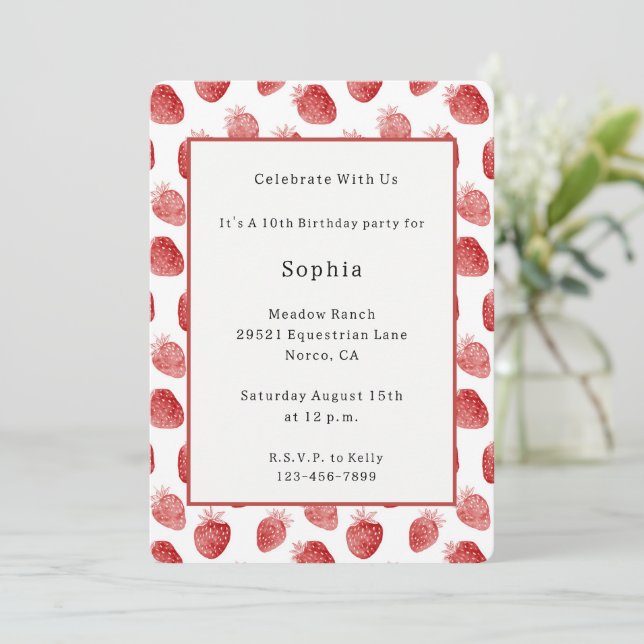 Invitación Cumpleaños de Fresas Rojas (Anverso de pie)