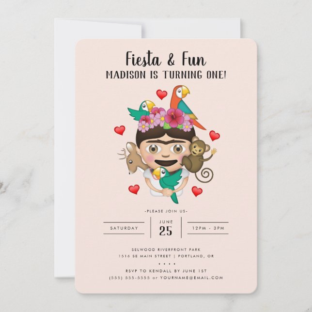 Invitación Cumpleaños de Frida Moji Fiesta (Anverso)