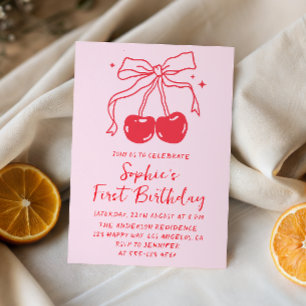 Invitación Cumpleaños de Fruta de Cereza con Lazo Rosa y Rojo