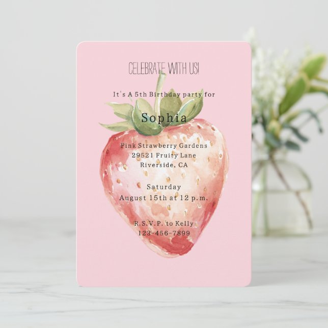 Invitación Cumpleaños de Fruta de Fresa Rosa (Anverso de pie)