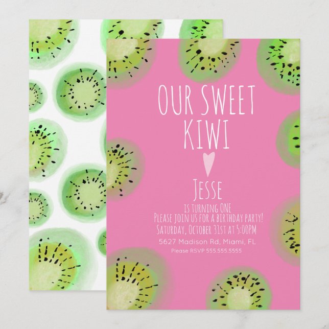 Invitación Cumpleaños de Fruta de Kiwi Dulce Acuarela Rosa Cu (Anverso / Reverso)