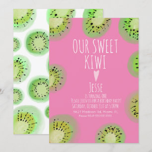 Invitación Cumpleaños de Fruta de Kiwi Dulce Acuarela Rosa Cu