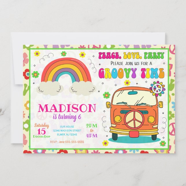 Invitación Cumpleaños de Furgoneta Hippie con Tema Groovy de  (Anverso)