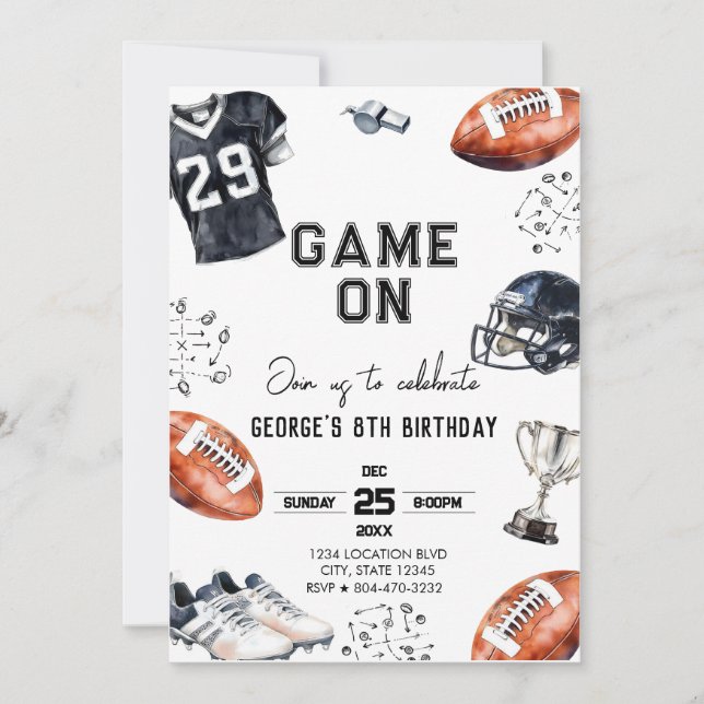 Invitación Cumpleaños de Fútbol Americano Game On (Anverso)
