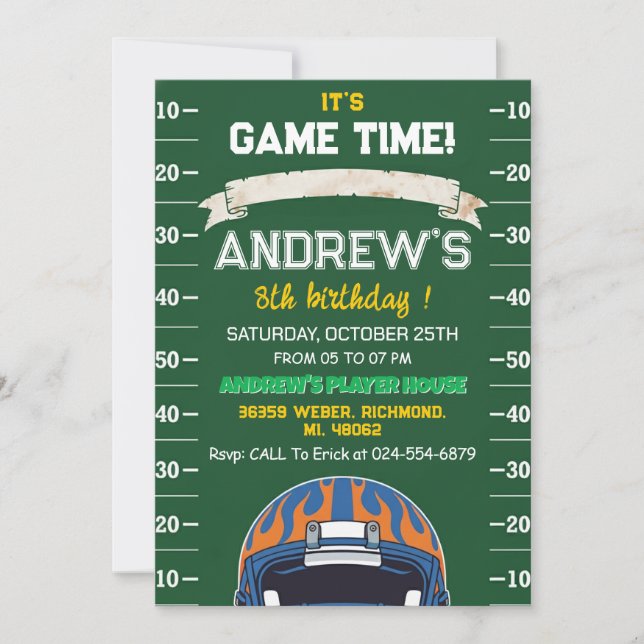 Invitación Cumpleaños de fútbol americano personalizado (Anverso)