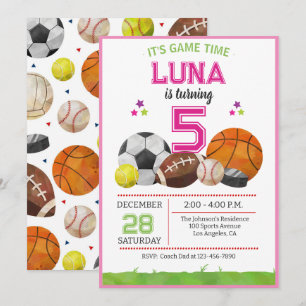 Invitación Cumpleaños de fútbol baloncesto deportivo Pink All