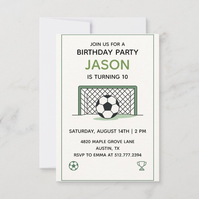 Invitación Cumpleaños de Fútbol Blanco y Verde • Fiesta de De (Anverso)