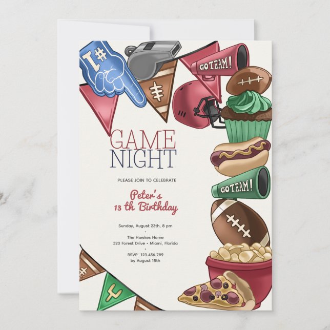 Invitación cumpleaños de fútbol de la noche del partido (Anverso)