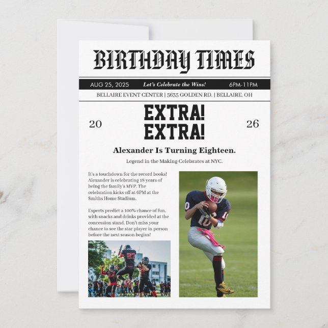 Invitación Cumpleaños de Fútbol de Periódico (Anverso)
