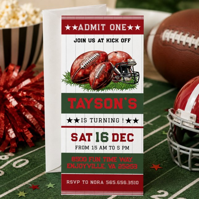 Invitación Cumpleaños de Fútbol de Primer Año Entrada para Fi (First Year Down Football Ticket 1st Birthday Party Invitation)