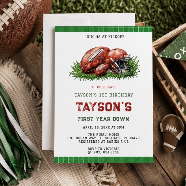Invitación Cumpleaños de Fútbol del Primer Año (First Year Down Football 1st Birthday Party Invitation)