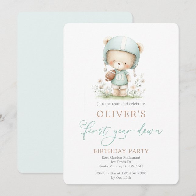Invitación Cumpleaños de fútbol del primer año (Anverso / Reverso)