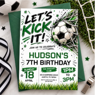 Invitación Cumpleaños de Fútbol Let's Kick It Green 