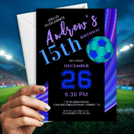 Invitación Cumpleaños de fútbol morado colorido con estilo mo