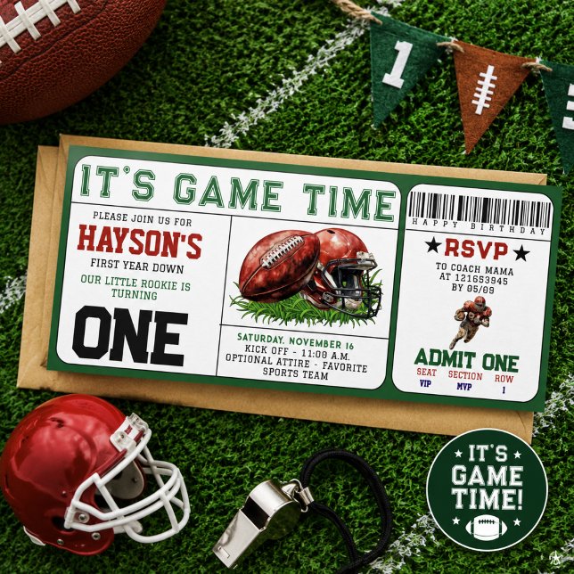 Invitación Cumpleaños de fútbol Primer Año Entrada Cumpleaños (football First Year Down Ticket 1st Birthday Invitation)