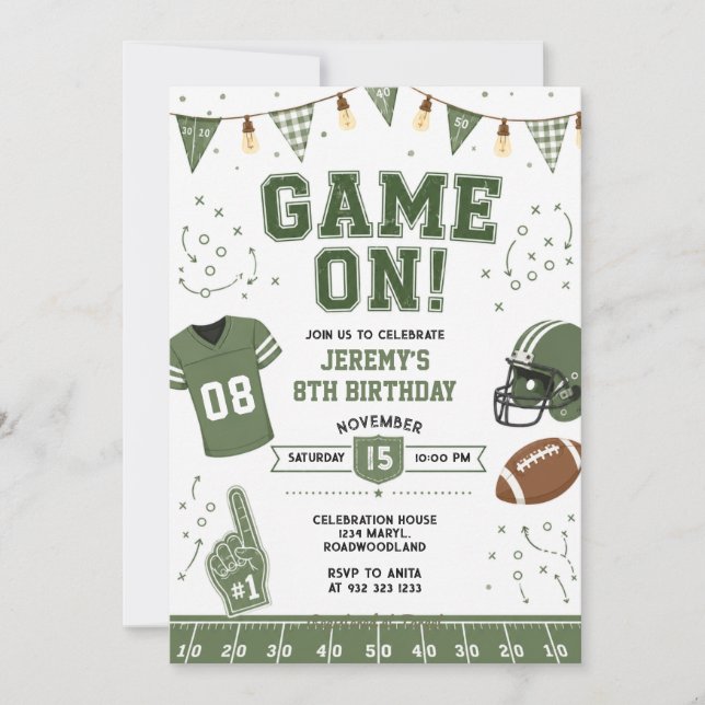 Invitación Cumpleaños de Fútbol Toques de Touchdown Verde Día (Anverso)