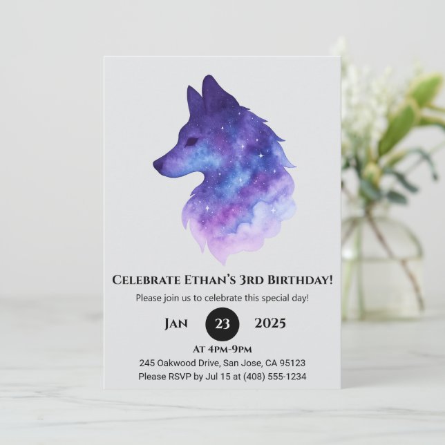 Invitación Cumpleaños de Galaxy Wolf (Anverso de pie)