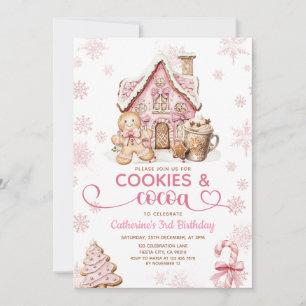 Invitación Cumpleaños de galletas y cacao copos de nieve rosa