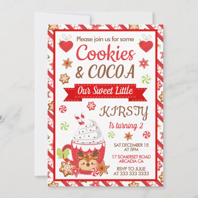 Invitación Cumpleaños de galletas y cacao de Navidad lindas (Anverso)