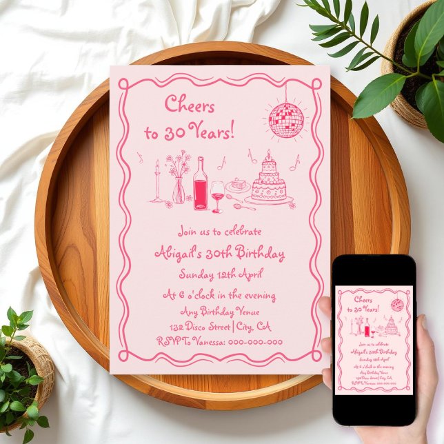 Invitación cumpleaños de garabato rosa caliente retro (Subido por el creador)