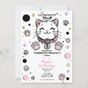 Invitación Cumpleaños de Gatito Gata Rosa Purpura Dorado