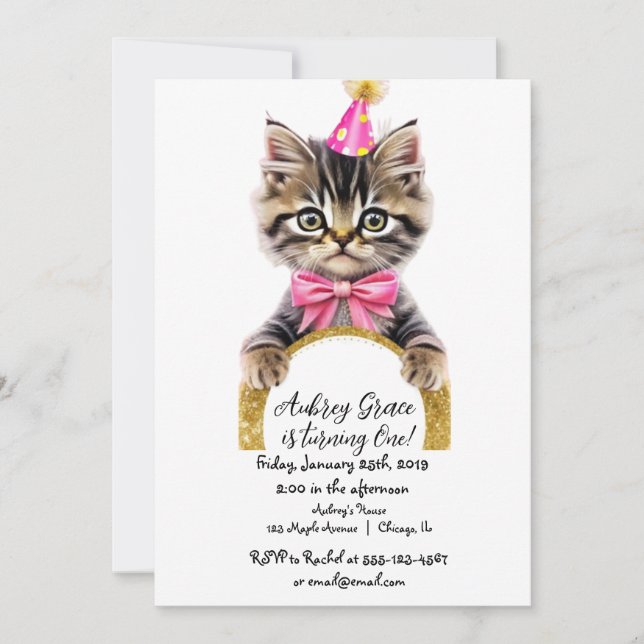 Invitación Cumpleaños de gatito gatito rosa brillo dorado (Anverso)