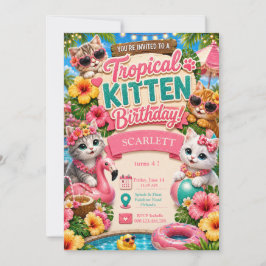 Invitación Cumpleaños de Gatito Tropical - Fiesta en la Pisci