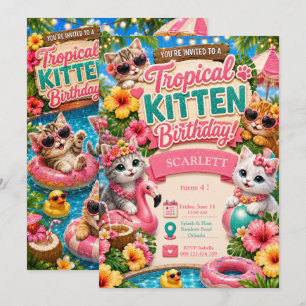 Invitación Cumpleaños de Gatito Tropical - Fiesta en la Pisci