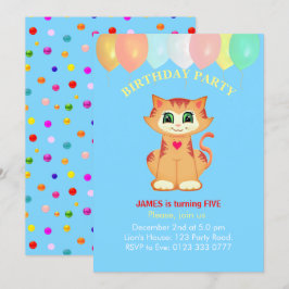 Invitación Cumpleaños de gato atigrado lindo, globos y confet
