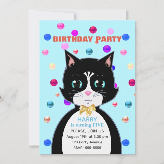 Invitación Cumpleaños de gato con esmoquin y confeti multicol (Anverso)