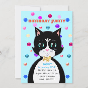 Invitación Cumpleaños de gato con esmoquin y confeti multicol