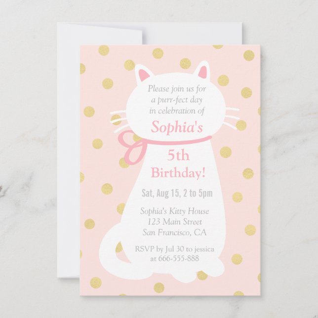 Invitación Cumpleaños de gato con lunares de oro falso y blan (Anverso)