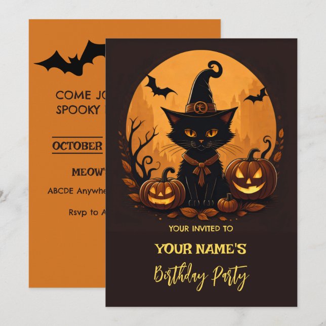 Invitación Cumpleaños de gato de Halloween  (Anverso / Reverso)