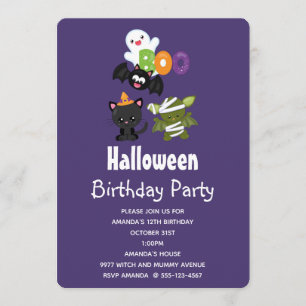 Invitación Cumpleaños de gato de Halloween, murciélago, momia