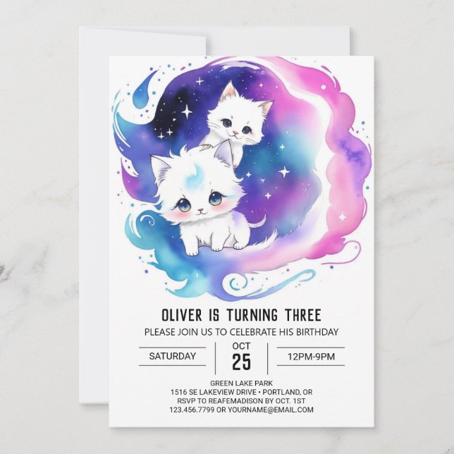 Invitación Cumpleaños de Gato Digital Encantado (Anverso)