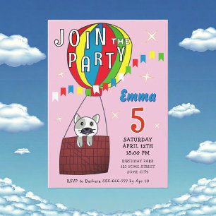 Invitación Cumpleaños de Gato en Globo Aerostático Caprichoso