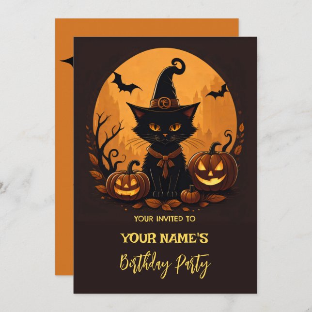 Invitación Cumpleaños de gato en Halloween  (Anverso / Reverso)