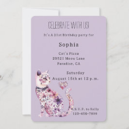 Invitación Cumpleaños de gato floral púrpura  