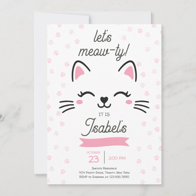 Invitación Cumpleaños de Gato Gatito Rosa (Anverso)