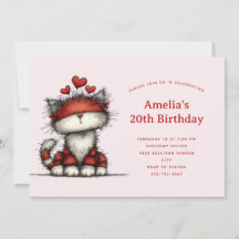 Cumpleaños de gato lindo con corazones de amor roj
