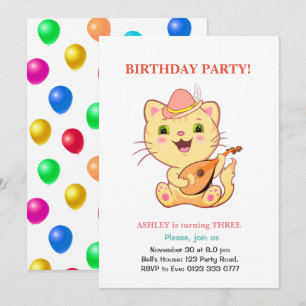 Invitación Cumpleaños de gato lindo y globos multicolores