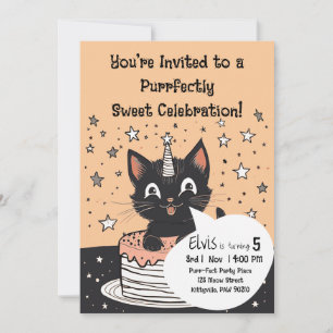 Invitación Cumpleaños de gato negro con estrellas y pastel ro