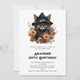 Invitación Cumpleaños de gato negro lindo en sombrero de bruj
