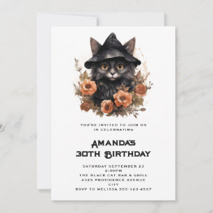 Invitación Cumpleaños de gato negro lindo en sombrero de bruj