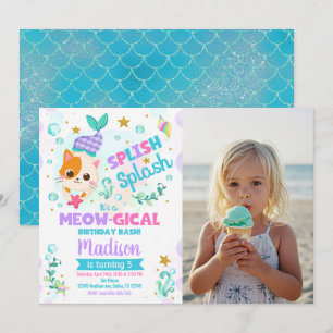 Invitación Cumpleaños de gato sirena, foto de fiesta de gatit