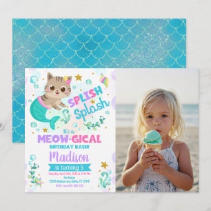 Invitación Cumpleaños de gato sirena, foto de fiesta de gatit