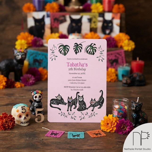 Invitación Cumpleaños de gatos Calavera lindos (This Cute Calavera Cats Kids Birthday Invitation Card features hand-drawn sugar skull cat art.)
