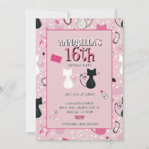 Invitación Cumpleaños de gatos con corazón rosa de mediados d